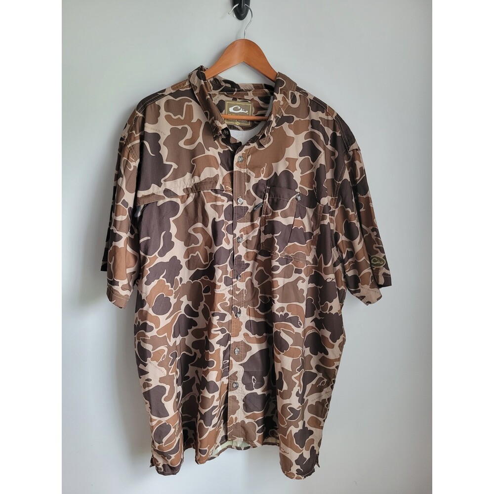 Drake 8 Shot Flyweight Shirt Old School Camo Button Up Size 2XL Short Sleeve